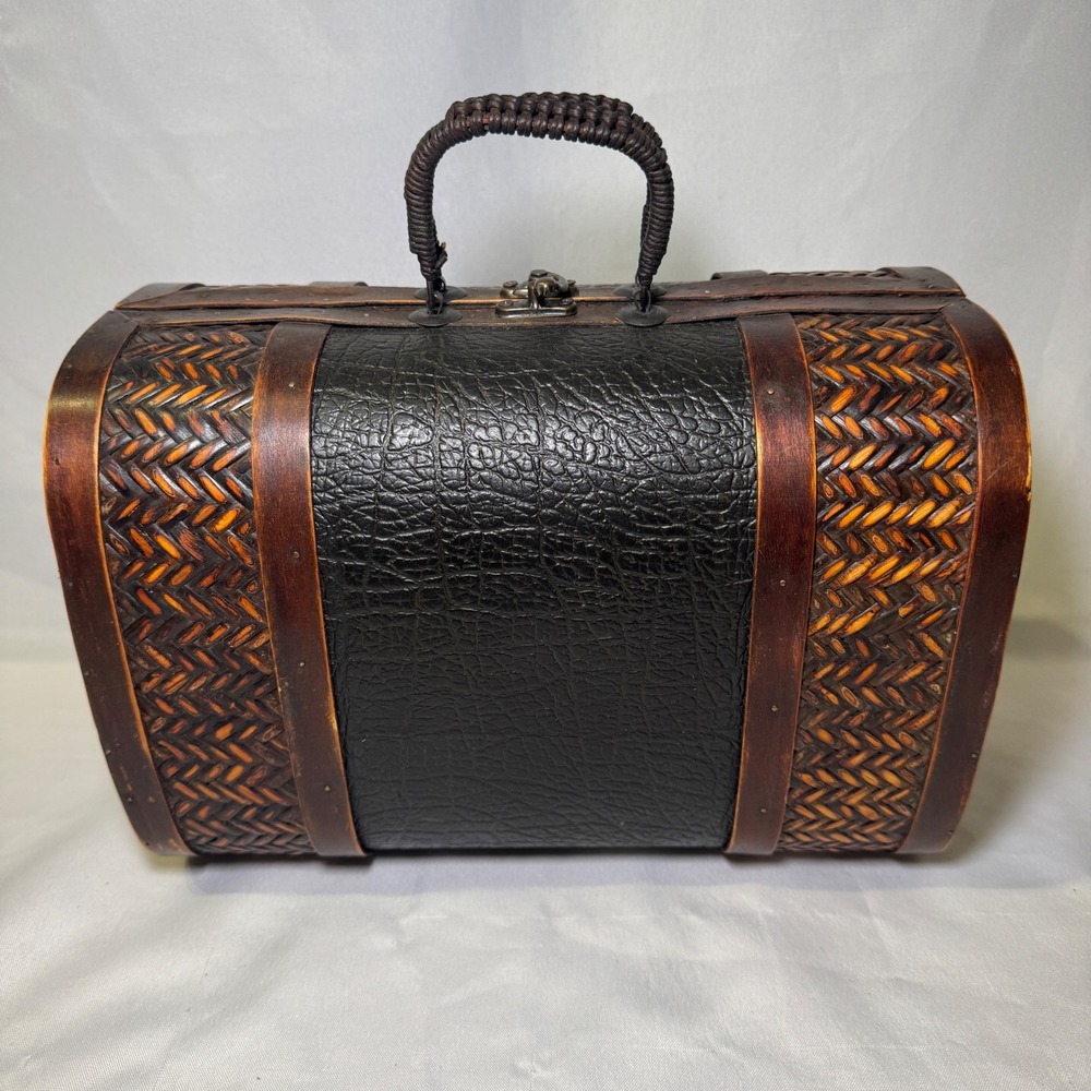 Vintage Woven Bamboo Leather‎ Trunk Jewelry Box Keepsake Decorative Storage